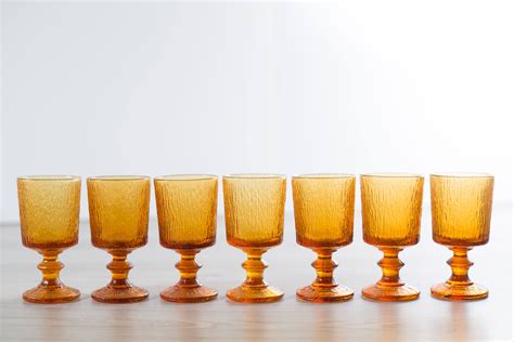 8 Vintage Amber Goblets Set Of 8 Amber Colored Textured Wine Glasses