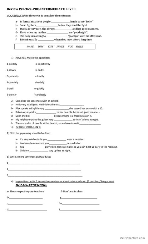 review pre intermediate level english esl worksheets