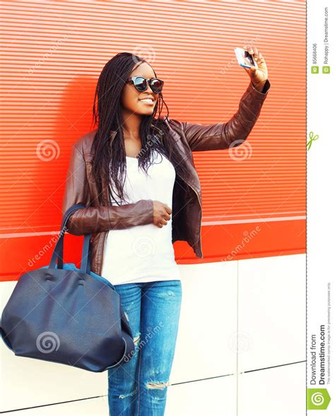 Fashion Smiling African Woman Taking Self Portrait Picture