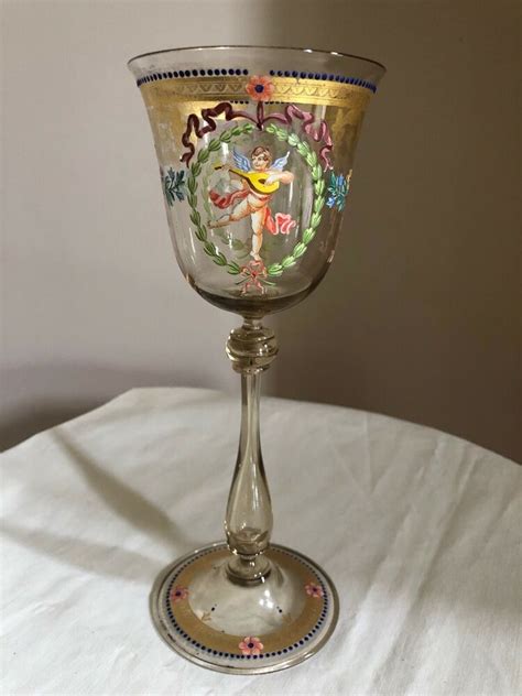 Antique Moser Venetian Bohemian Wine Goblet Glass Enameled Hand Painted