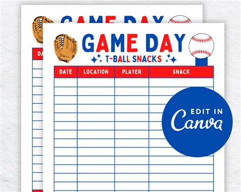 editable  ball snack sign  sheet schedule template etsy