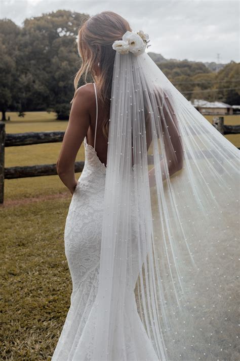 pearly long veil bridal veil with pearls grace loves lace