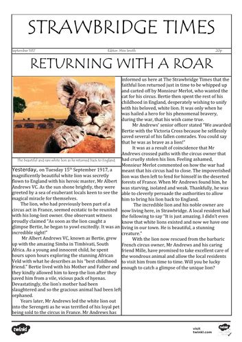 text wagoll butterfly lion newspaper article teaching