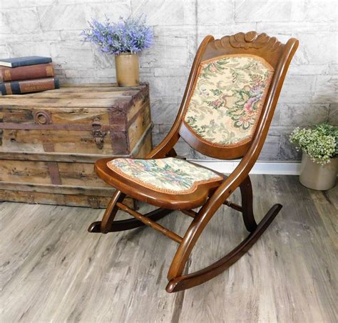 vintage folding rocking chair floral tapestry carved wood rocker
