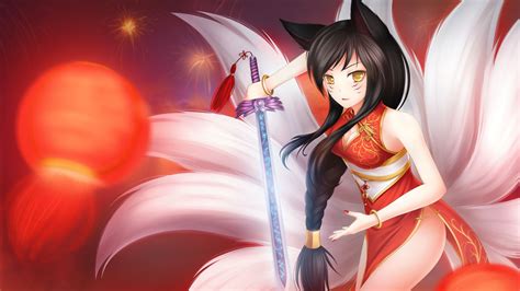 ahri ahri anime brunette girl league of legends red sexy sword