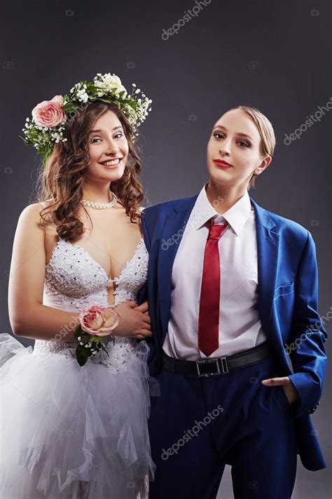 concept of same sex marriage happy newlyweds — stock