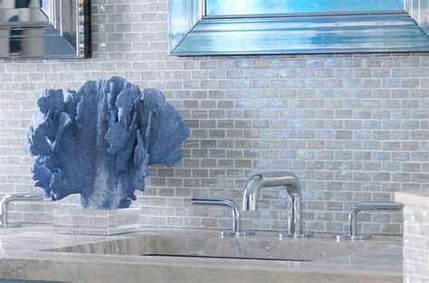 Blue Beach Themed Bathroom With Blue Iridescent Glass Tile Backsplash