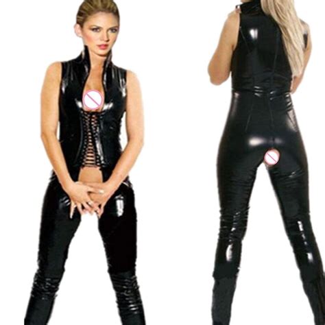 women sexy pvc patent leather latex dress black lace shiny pvc catsuit