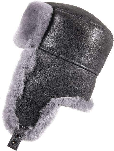 Shearling Sheepskin Russian Ushanka Winter Fur Hat Antrasit