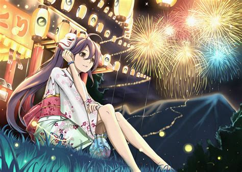 brown eyes brown hair festival fireworks grass japanese clothes long