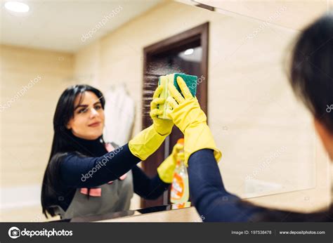 Housemaid Hands Rubber Gloves Cleans Mirror Cleaning Spray Hotel