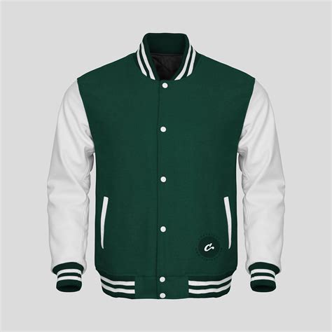 white faux leather sleeves green wool varsity jacket
