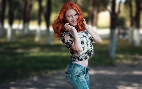 Hd Wallpaper Redhead Jeans Smiling Model Women Outdoors Pierced