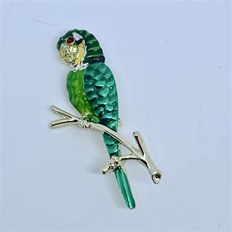 green rhinestone enamel parrot brooch bird   branch pin parrot head accessories head