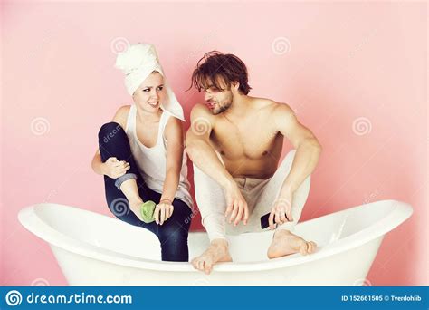 happy couple in love of man and woman on bathtub stock image image of