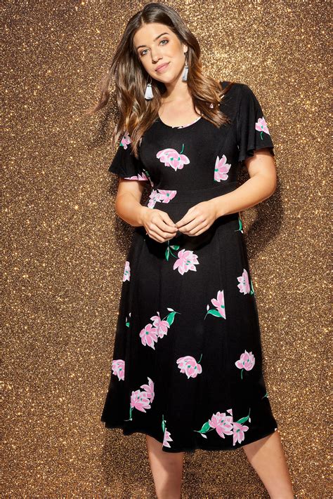 Plus Size Black And Pink Floral Midi Dress Sizes 16 To 36