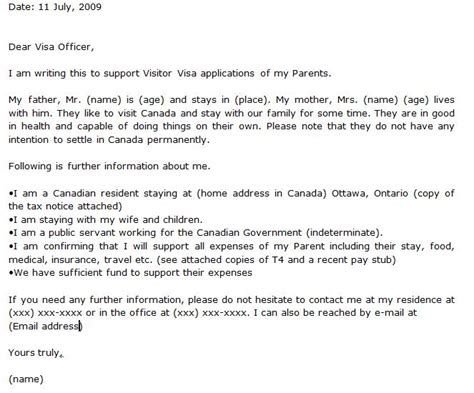 invitation letter visit visa canada sample