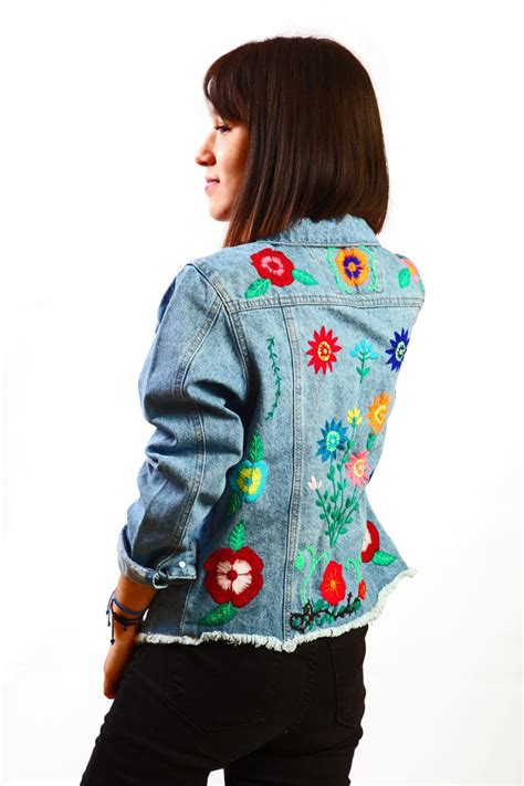 handmade denim jacket embroidered  womenwith floral etsy