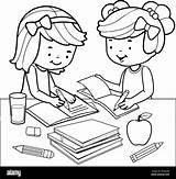 Homework Coloring Doing Students Book Vector Illustration School Alamy Their sketch template