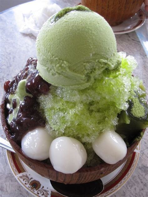 uji kintoki is japanese kakigori a shaved ice dessert flavored with matcha syrup and enriched