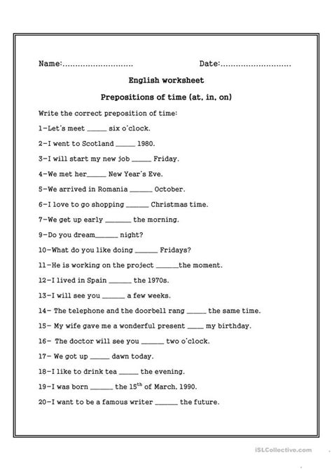 prepositions  time    worksheet  esl printable