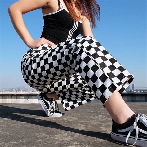 Checkered Plaid Pants Women High Waist Checkereboard Straight Loose