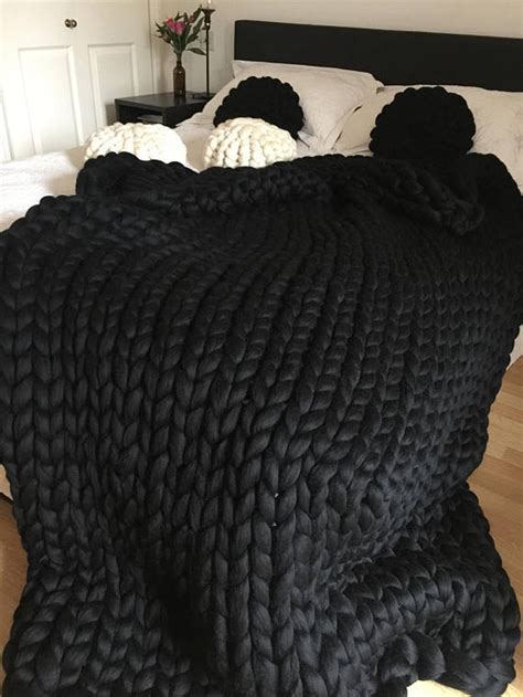 black chunky knit blanket christmas wool throw chunky etsy