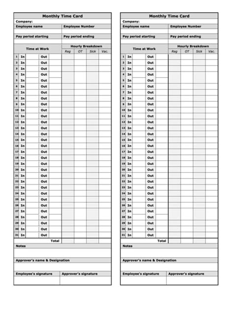 monthly time card template two per page printable pdf