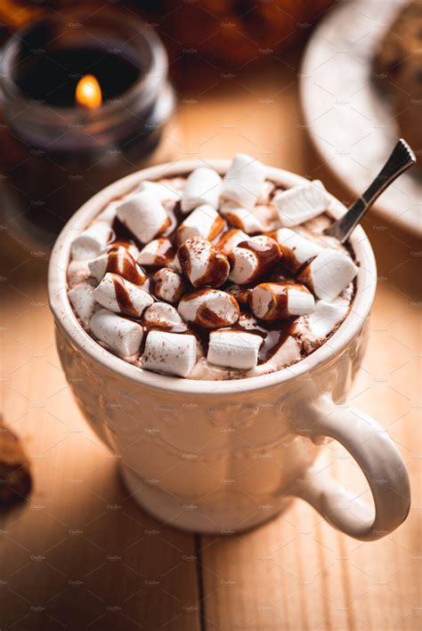 hot chocolate cup  marshmallows high quality food images creative market