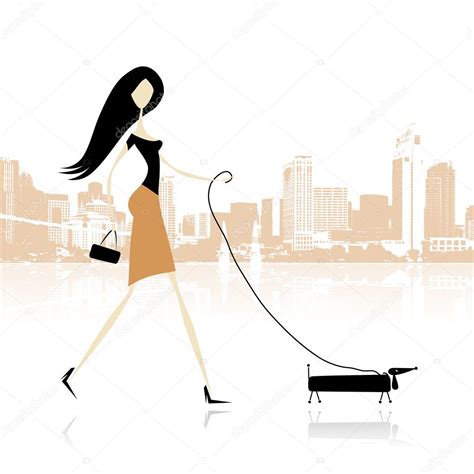 Chica Con Perro Paseando En La Ciudad Ilustración De Stock De