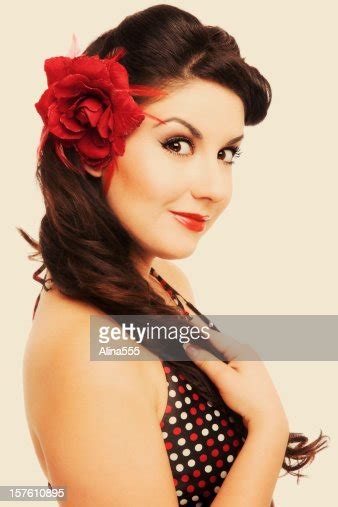 pinup girl classic vintage beautiful woman with retro hairstyle stock