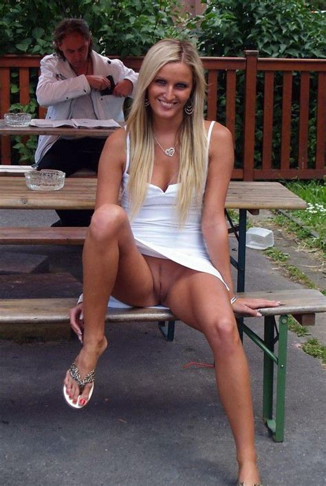 blonde wife no panties pussy upskirt in public