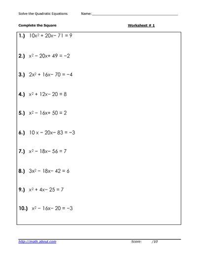 quadratic equation worksheets printable