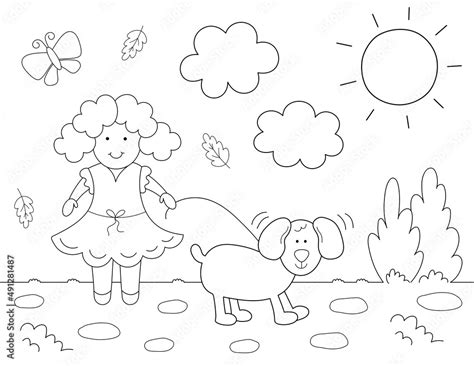 coloring page   kids   cute girl walking   dog