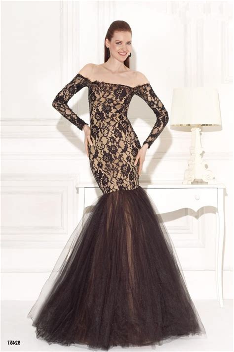 Mermaid Off The Shoulder Black Lace Tulle Long Sleeve Prom Dress
