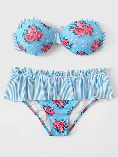 blue floral and striped swimsuit underwire bandeau ruffle bikini bottom