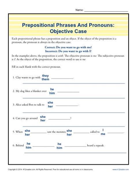 prepositional phrases  pronouns objective case preposition worksheets
