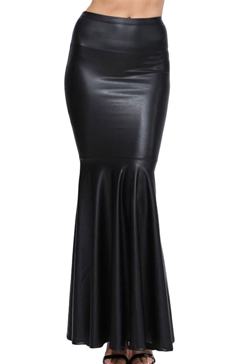 big plus size maxi long black faux leather skirt for women saia longa