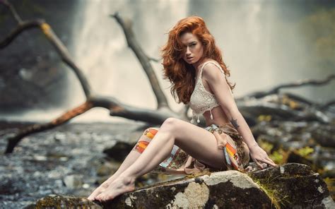 wallpaper sunlight waterfall women outdoors redhead fantasy girl