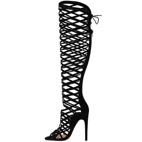 ladies womens cut out lace knee high heel boots gladiator sandals strappy size ebay