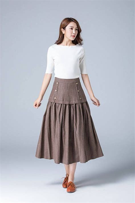 brown linen skirt pleated skirt button skirt retro skirt