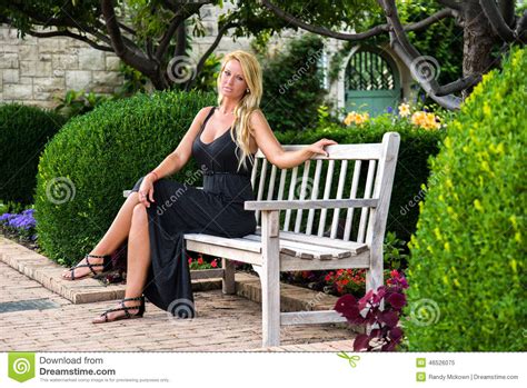 Blonde Woman Sitting On Bench Fashion Stock Image Image