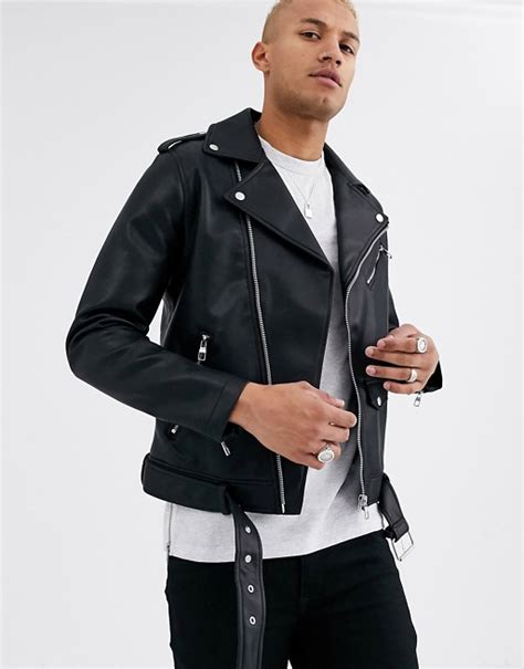bershka faux leather biker jacket  black asos