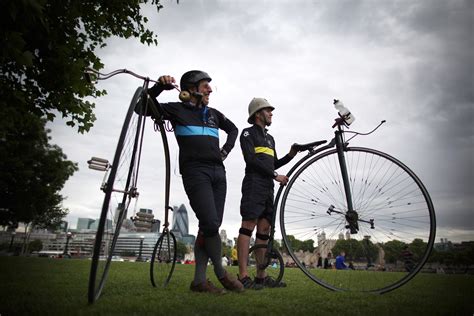 penny farthing cyclists arrive in london before the brooks penny