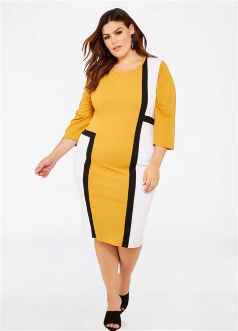 Plus Size Long Sleeve Tri Tone Color Block Sheath Dress