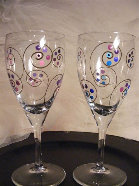 Painted Wine Glasses With Polka Dots And Swirls And Black Stem Etsy
