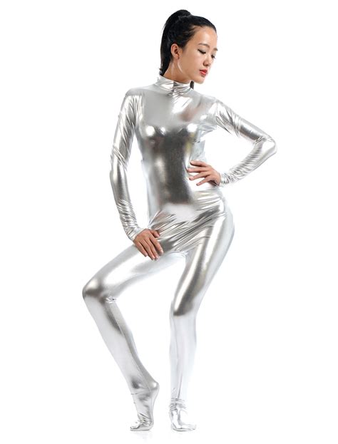 halloween silver zentai suit shiny metallic catsuit  women milanoocom