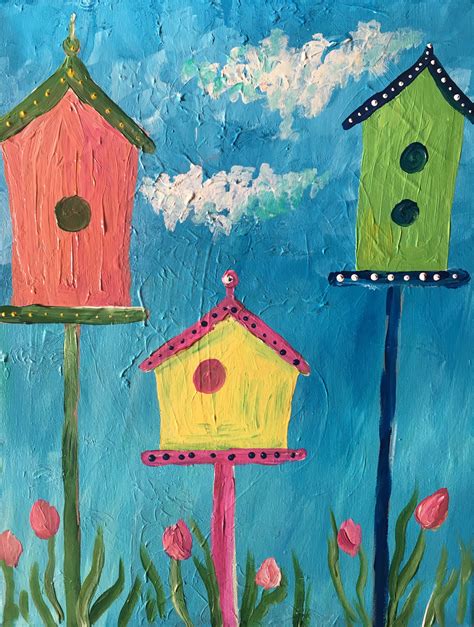 great painting  kids acrylic  canvas birdhouses spring kids