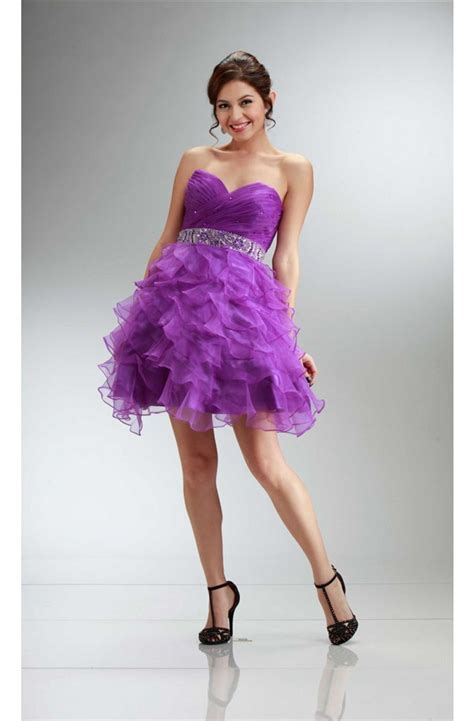 Puffy Strapless Short Purple Organza Ruffle Layered Cocktail Prom Dress