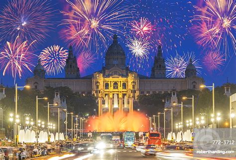 fireworks montjuic barcelona catalonia spain stock photo